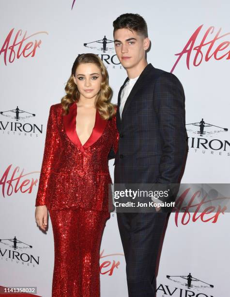 Josephine Langford and Hero Fiennes Tiffin attend the Los Angeles premiere of Aviron Pictures' "After" at The Grove on April 08, 2019 in Los Angeles,...