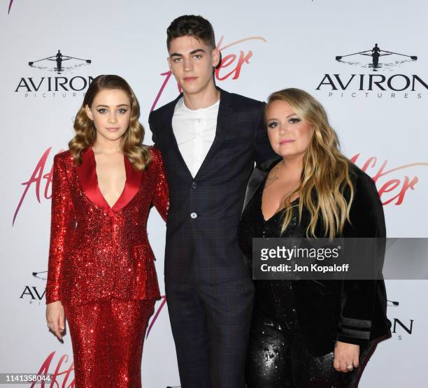 Josephine Langford, Hero Fiennes Tiffin and Anna Todd attend the Los Angeles premiere of Aviron Pictures' "After" at The Grove on April 08, 2019 in...
