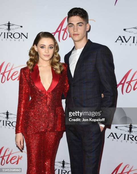 Josephine Langford and Hero Fiennes Tiffin attend the Los Angeles premiere of Aviron Pictures' "After" at The Grove on April 08, 2019 in Los Angeles,...