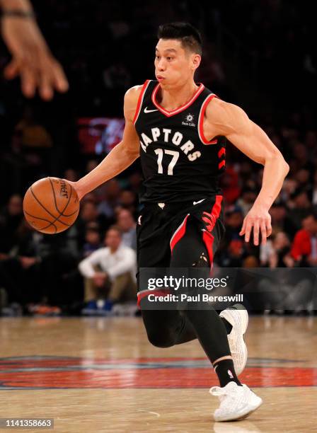 Jeremy Lin of the Toronto Raptors drives during an NBA basketball game against the New York Knicks on March 28, 2019 at Madison Square Garden Center...