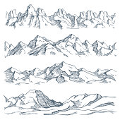 Mountains landscape engraving. Vintage hand drawn sketch of hiking or climbing on mountain. Nature highlands vector illustration