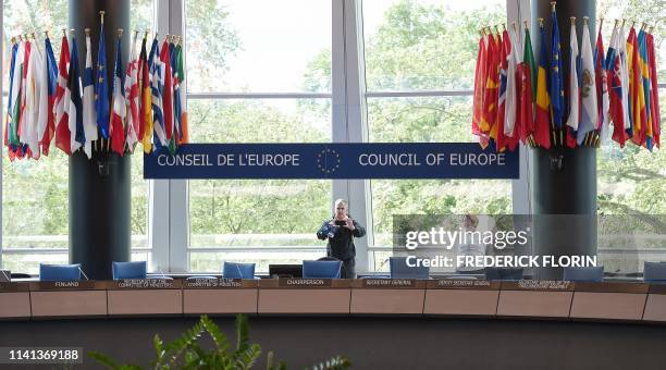 People visit the Committee of Ministers meeting room during the open day marking the 70th Anniversary of the Council of Europe on May 5 in...