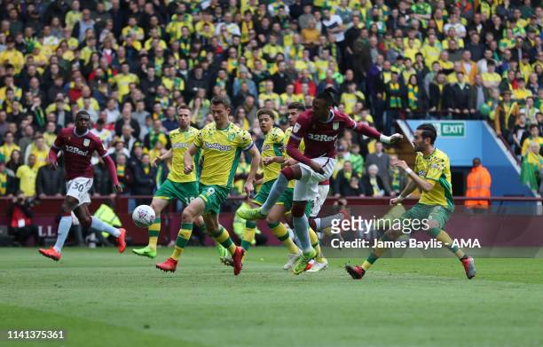 Jonathan Kodjia of Aston Villa scores a goal to make it 1-1 during the Sky Bet Championship match between Aston Villa and Norwich City at Villa Park...