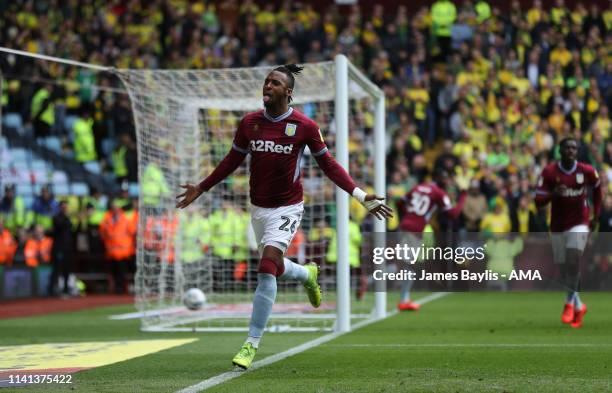 Jonathan Kodjia of Aston Villa celebrates after scoring a goal to make it 1-1 during the Sky Bet Championship match between Aston Villa and Norwich...