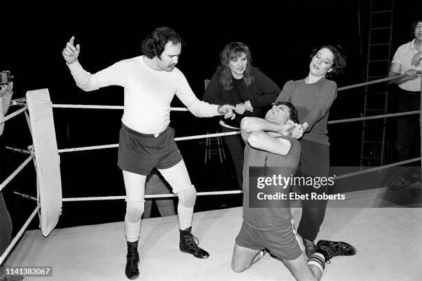 Andy Kaufman, Debbie Harry and Caitlin Clarke at a rehearsal for 'Teaneck Tanzi: The Venus Flytrap', a Broadway play that closed after just one...