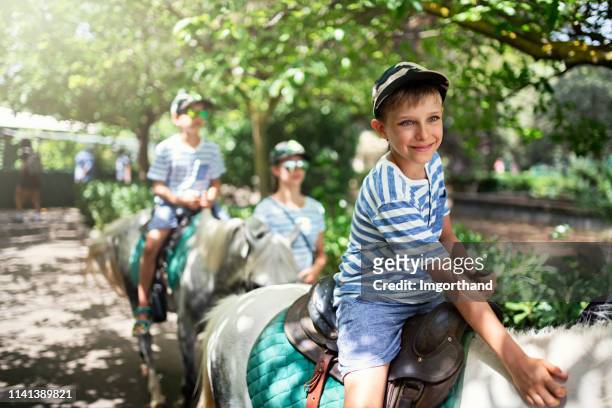 bambini che si divertono a cavalcare pony. - cavallo equino foto e immagini stock