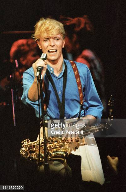 David Bowie performs on stage at Hammersmith Odeon on June 30th, 1983 in London, England.