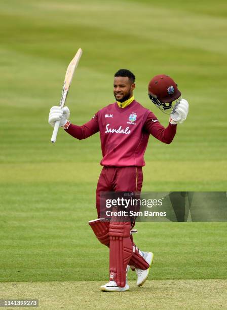 Dublin , Ireland - 5 May 2019; Shai Hope of West Indies, left, celebrates scoring a century during the One Day International between Ireland and West...