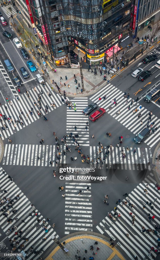 Japan crowds on iconic pedestrian crossing aerial photograph Ginza Tokyo