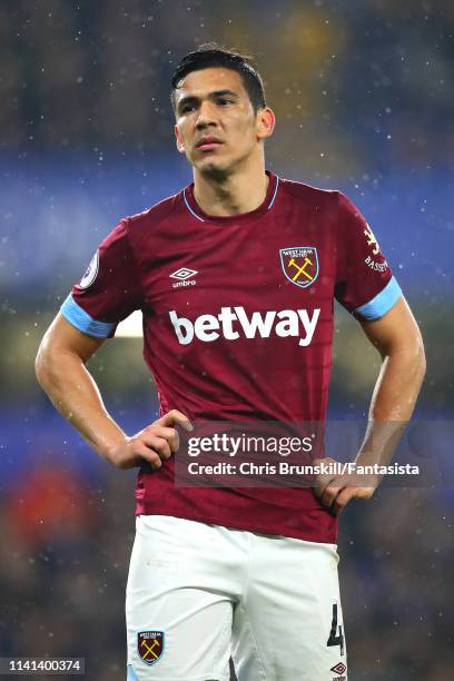 Fabian Balbuena of West Ham United looks on during the Premier League match between Chelsea FC and West Ham United at Stamford Bridge on April 08,...