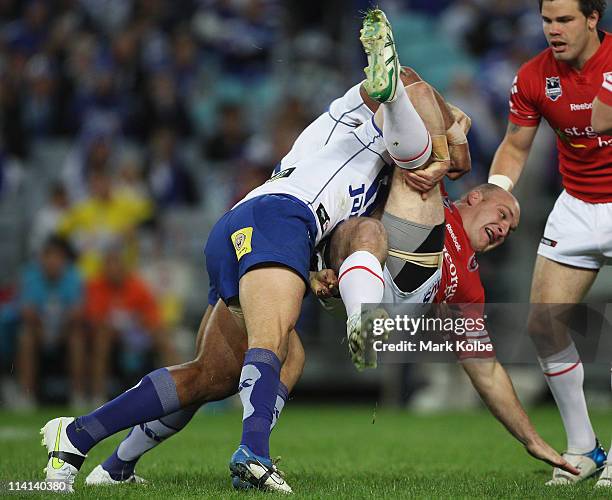 Michael Weyman of the Dragons is tackled during the round 10 NRL match between the Canterbury Bulldogs and the St George Illawarra Dragons at ANZ...