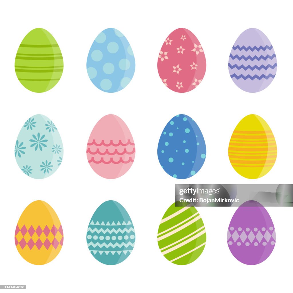 Easter eggs with different colors and patterns on white background. Vector illustration