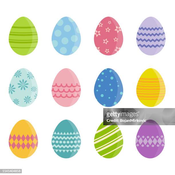 easter eggs with different colors and patterns on white background. vector illustration - spotted egg stock illustrations