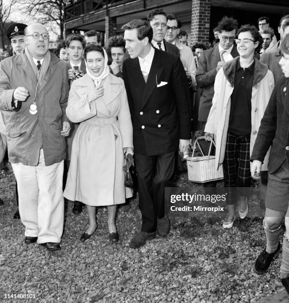 Princess Margaret and her fiance Antony Armstrong-Jones attend the Oxford v Cambridge Boat Race 1960. The couple came aboard at the Ibis Rowing Club,...