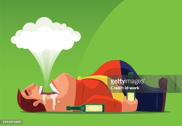 businessman lying on back and holding bottle of beer - unpleasant smell stock illustrations