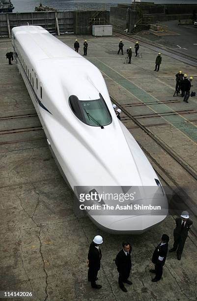The new front carriage of the N700 series Shinkansen is revealed at Hitachi Ltd Kasado on Janaury 29, 2005 in Kudamatsu, Yamaguchi, Japan.