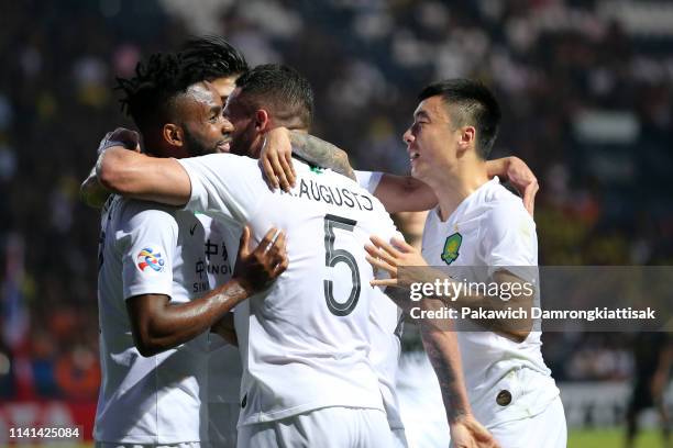 Cedric Bakambu of Beijing Guoan celebrates scoring his side's second goal with his team mates during the AFC Champions League Group G match between...