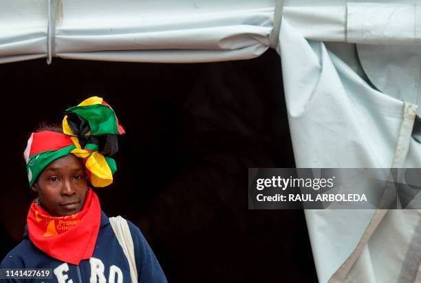 Social leader remains at a camp at the Santamaria bullring in Bogota on April 30, 2019. - Hundreds of social leaders and rights defenders from...