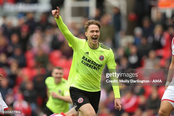 Kieran Dowell of Sheffield United celebrates after scoring a goal to make it 1-1 during the Sky Bet Championship match between Stoke City and...