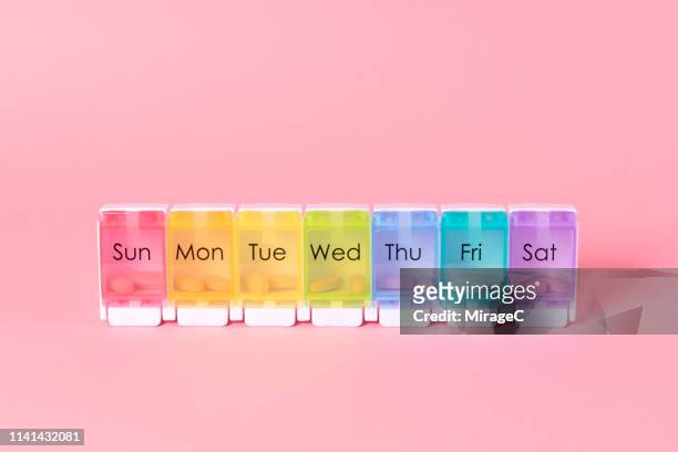 multi colored weekly pill organizer - week stock pictures, royalty-free photos & images