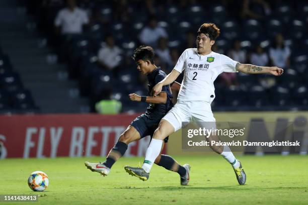 Suphanat Mueanta of Buriram United scores his side's first goal during the AFC Champions League Group G match between Buriram United and Beijing...