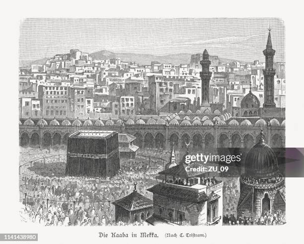 ilustraciones, imágenes clip art, dibujos animados e iconos de stock de la kaaba en la meca, arabia saudita, grabado en madera, publicado 1897 - meca
