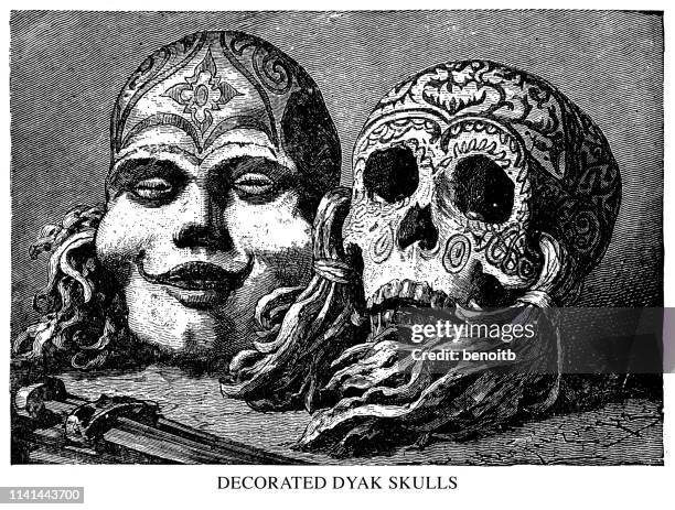 decorated dyak skulls - dyak stock illustrations