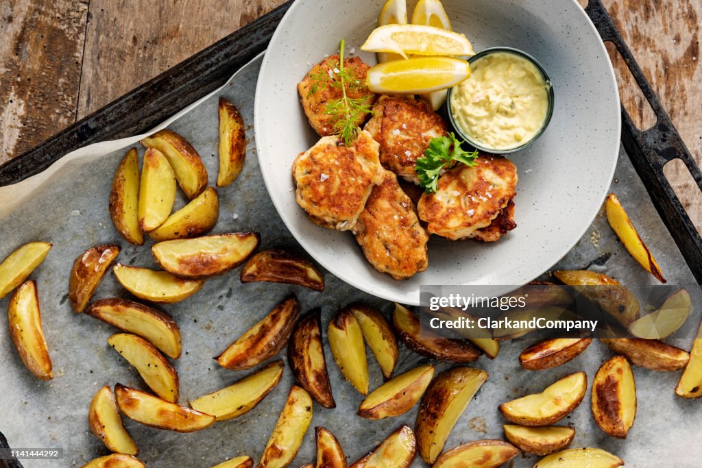 Traditional Danish Fiskefrikadeller or fish cakes.