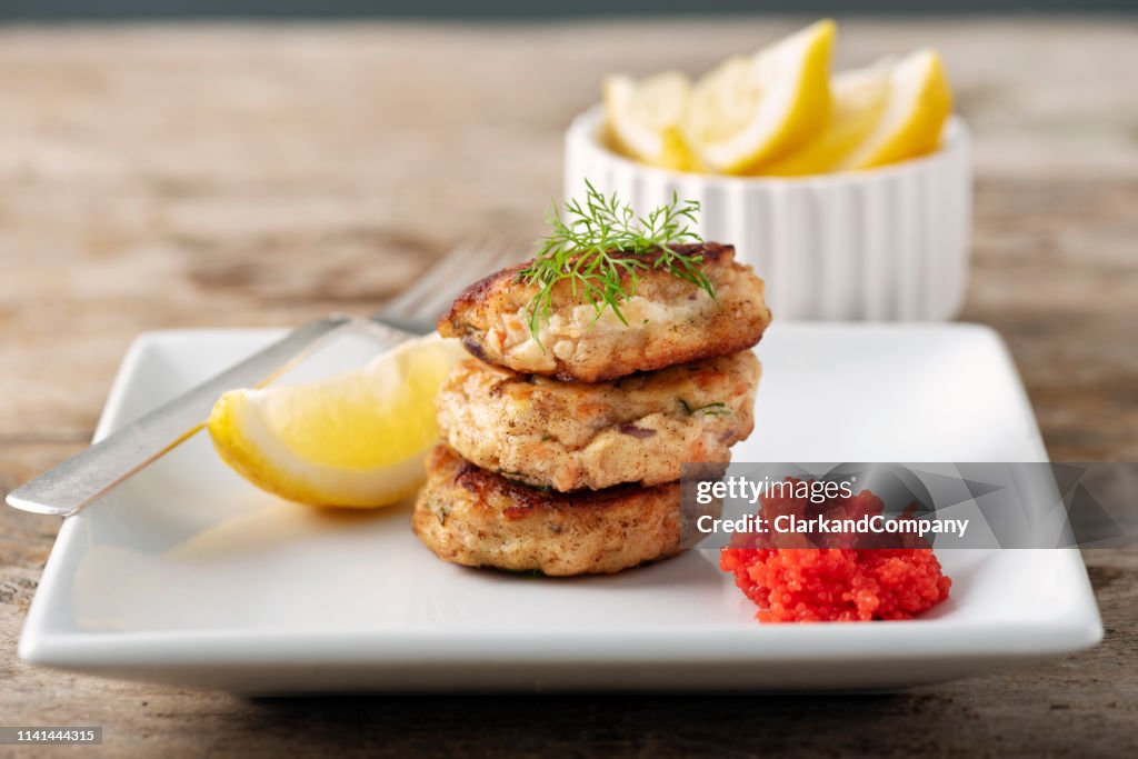 Traditional Danish Fiskefrikadeller or fish cakes.