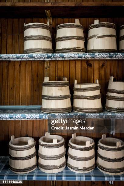 wooden canisters for making cheese - cantón de los grisones fotografías e imágenes de stock