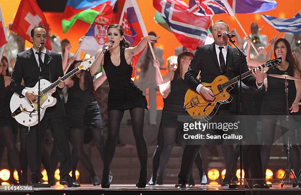 Lena Meyer-Landrut of Germany and co-host Stefan Raab perform during the dress rehearsal ahead of the finals of the 2011 Eurovision Song Contest on...