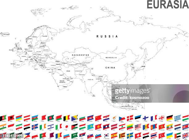 white map of eurasia with flag against white background - eurasian stock illustrations