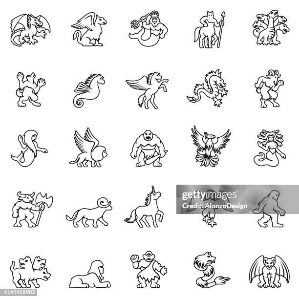 ilustraciones, imágenes clip art, dibujos animados e iconos de stock de icono de criatura mítica set - unicorn