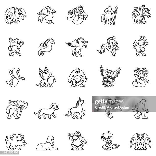 ilustrações, clipart, desenhos animados e ícones de jogo mítico do ícone da criatura - mitologia