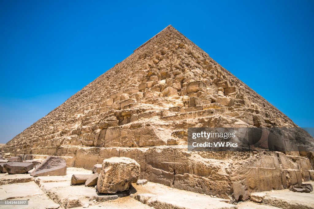 Pyramd Stone Cairo, Egypt. Close up worm's eye view of the casing stones that make ...