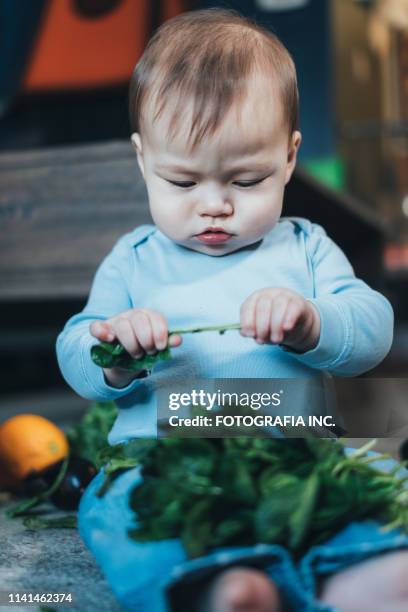 baby boy mit frischem obst und gemüse - fresh baby spinach stock-fotos und bilder