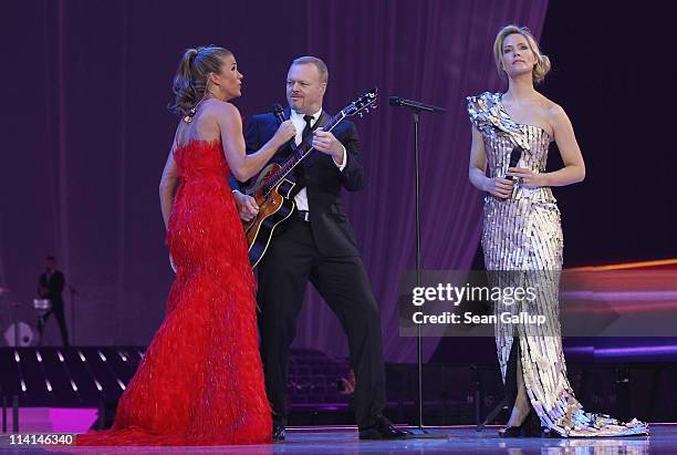 Hosts Anke Engelke, Stefan Raab and Judith Rakers lead the dress rehearsal ahead of the finals of the 2011 Eurovision Song Contest on May 13, 2011 in...