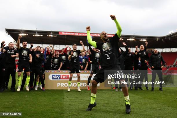 David McGoldrick of Sheffield United celebrates promotion to the Premier League during the Sky Bet Championship match between Stoke City and...