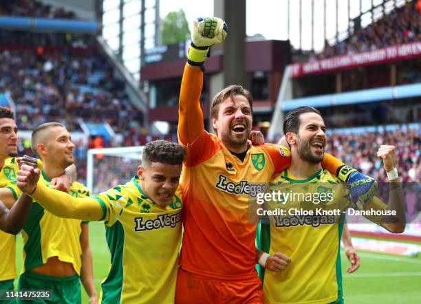 Mario Vrancic of Norwich City celebrates scoring his teams second goal during the Sky Bet Championship match between Aston Villa and Norwich City at...