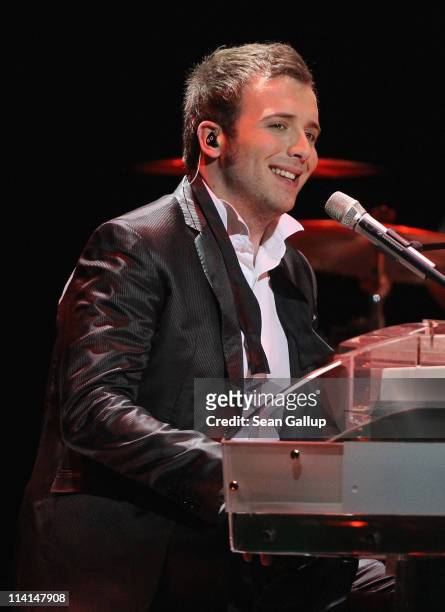 Raphael Gualazzi of Italy performs during the dress rehearsal ahead of the finals of the 2011 Eurovision Song Contest on May 13, 2011 in Duesseldorf,...