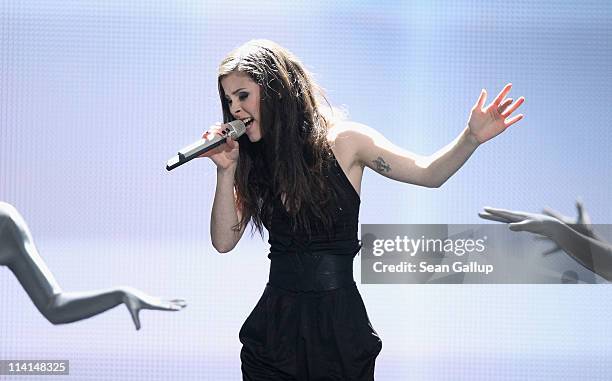 Lena Meyer-Landrut of Germany performs during the dress rehearsal ahead of the finals of the 2011 Eurovision Song Contest on May 13, 2011 in...