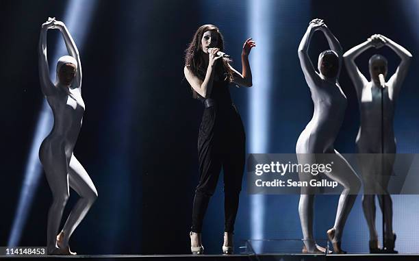 Lena Meyer-Landrut of Germany performs during the dress rehearsal ahead of the finals of the 2011 Eurovision Song Contest on May 13, 2011 in...