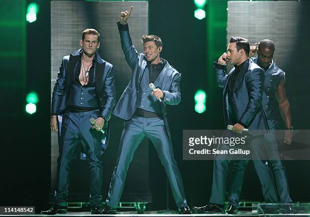 Blue of the United Kingdom perform during the dress rehearsal ahead of the finals of the 2011 Eurovision Song Contest on May 13, 2011 in Duesseldorf,...