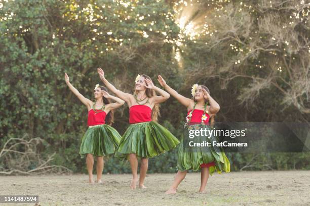 drie hula dansers presteren buiten - hula stockfoto's en -beelden