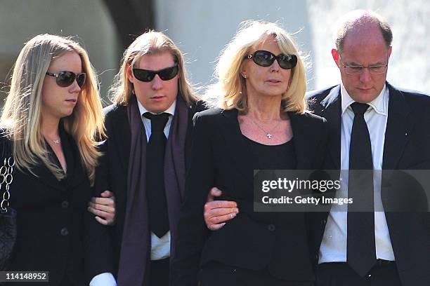 Mirja Larson , wife of defunct Gunter Sachs, and his sons Halifax and Christian Sachs attend Gunter Sachs' funeral service held at Mauritiuskirche on...