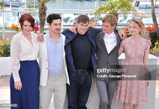 Producer Bryce Dallas Howard, actor Jason Lew, director Gus van Sant, actor Henry Hopper and actress Mia Wasikowska attends the "Restless" Photocall...