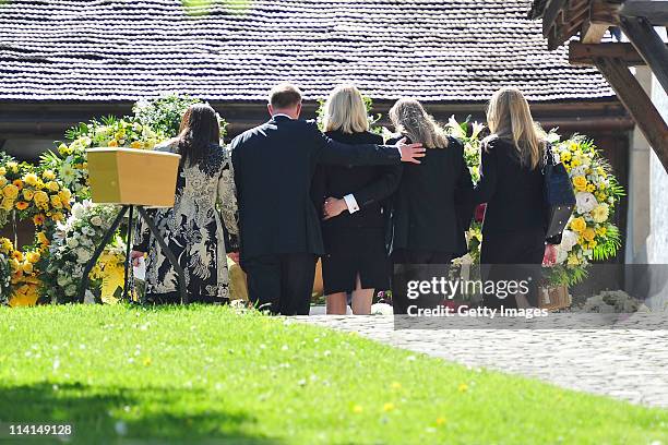 Mirja Larson , wife of defunct Gunter Sachs, his sons Christian , Halifax and mourners attend Gunter Sachs' funeral service held at Mauritiuskirche...