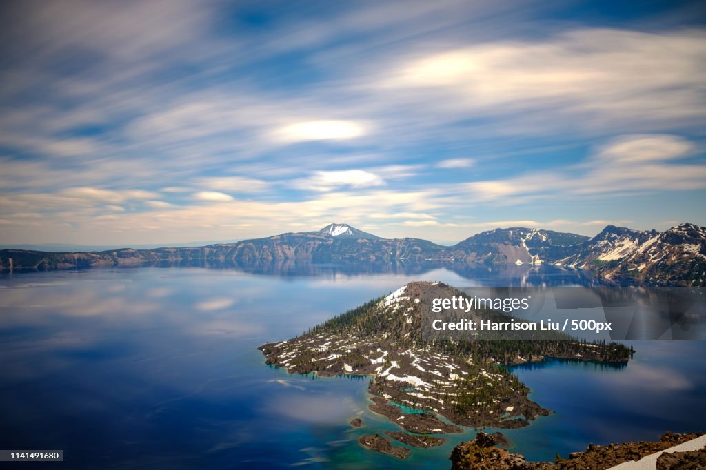 Aerial view of calm lake on mountains