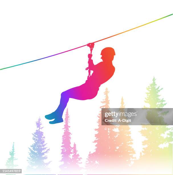 spannendes zipline-abenteuer regenbogen - steel cable stock-grafiken, -clipart, -cartoons und -symbole