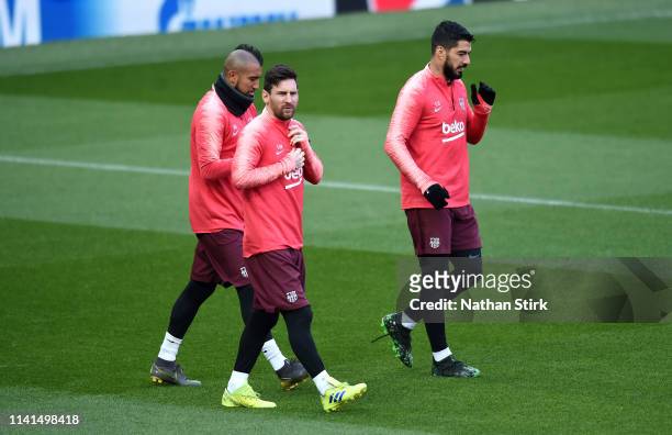 Lionel Messi, Luis Suarez and Arturo Vidal of Barcelona during a FC Barcelona training session, on the eve of their Champions League Quarter Final...